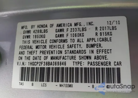 2011 Honda Accord Lx z USA, uszkodzony, nr VIN 1HGCP2F38BA069846